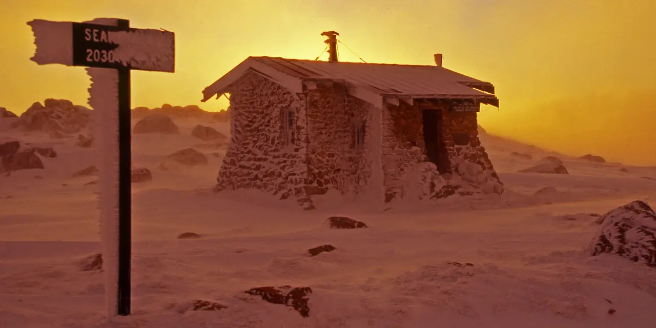 Sunrise over Seaman's Hut on the Kosciuszko main range